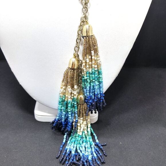 Chico's Blue Green Gold Seed Bead 3 Tassel Necklace, New With Tags, 36 Inches - Picture 7 of 12
